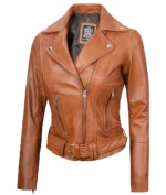 Isabella Asymmetrical Brown Moto Leather Jacket