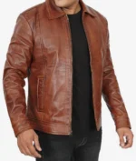 Jack Brown Shirt Collar Casual Leather Jacket