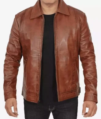 Jack Brown Shirt Collar Casual Leather Jacket