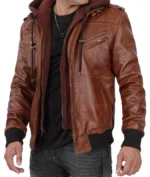 Leo Brown Bomber Leather Jacket With Removable Hood