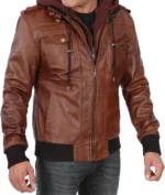 Leo Brown Bomber Leather Jacket With Removable Hood