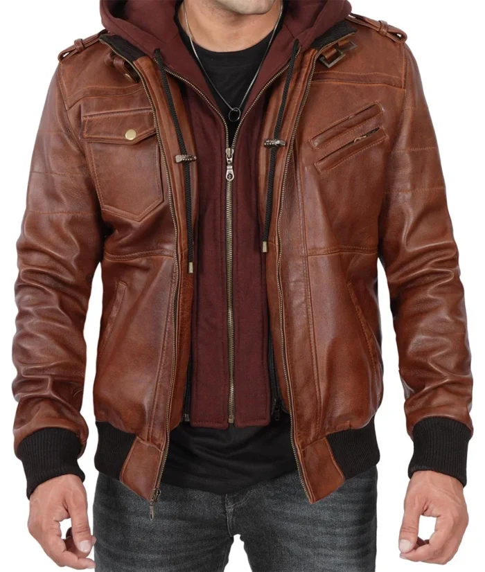 Leo Brown Bomber Leather Jacket With Removable Hood