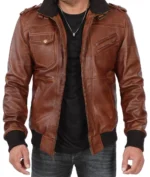 Leo Brown Bomber Leather Jacket With Removable Hood