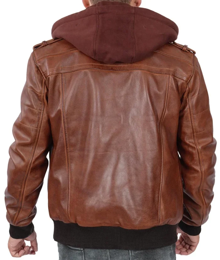 Leo Brown Bomber Leather Jacket With Removable Hood