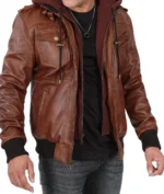 Leo Brown Bomber Leather Jacket With Removable Hood