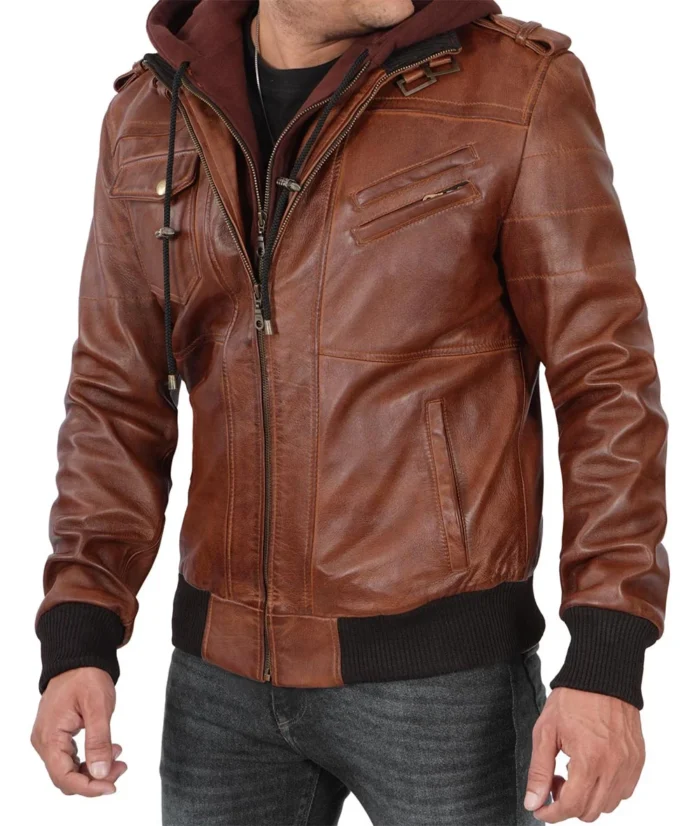 Leo Brown Bomber Leather Jacket With Removable Hood