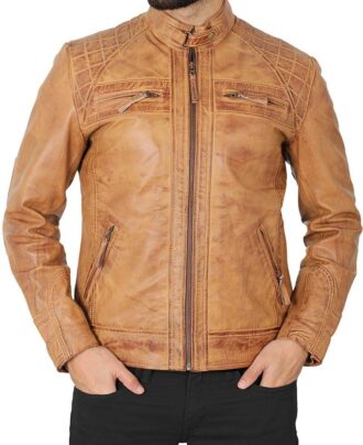 Levi Camel Brown Distressed Biker Leather Jacket