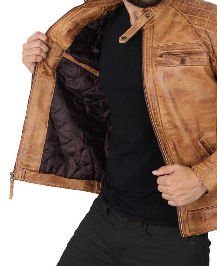 Levi Camel Brown Distressed Biker Leather Jacket