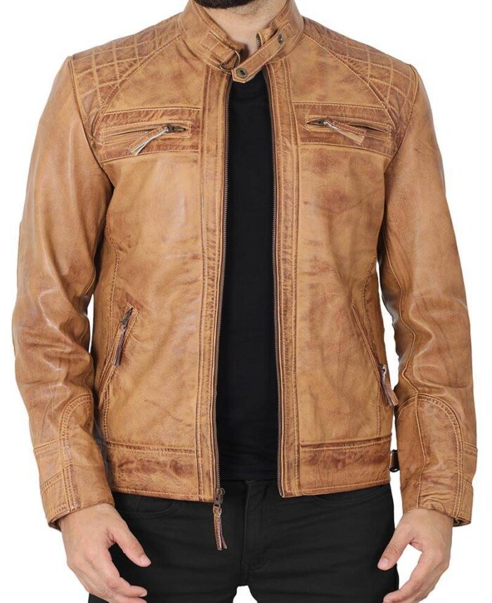 Levi Camel Brown Distressed Biker Leather Jacket