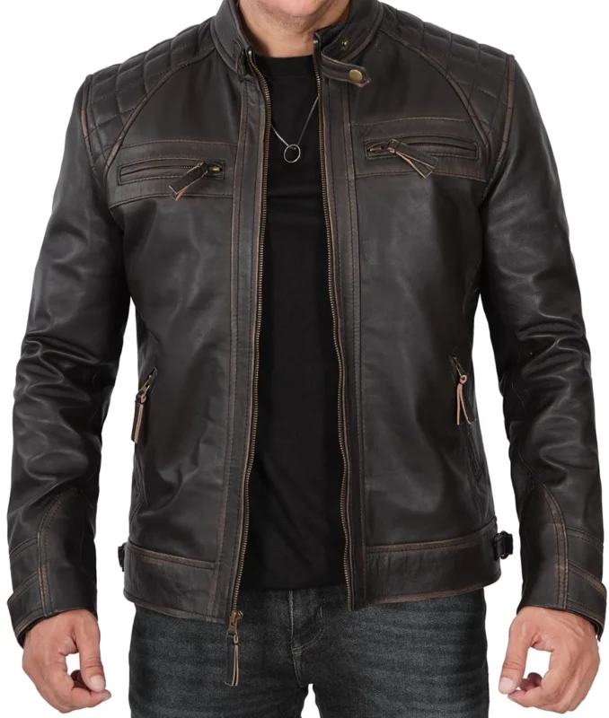 Mens Dark Brown Quilted Distressed Leather Jacket