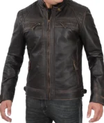 Mens Dark Brown Quilted Distressed Leather Jacket