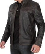 Mens Dark Brown Quilted Distressed Leather Jacket