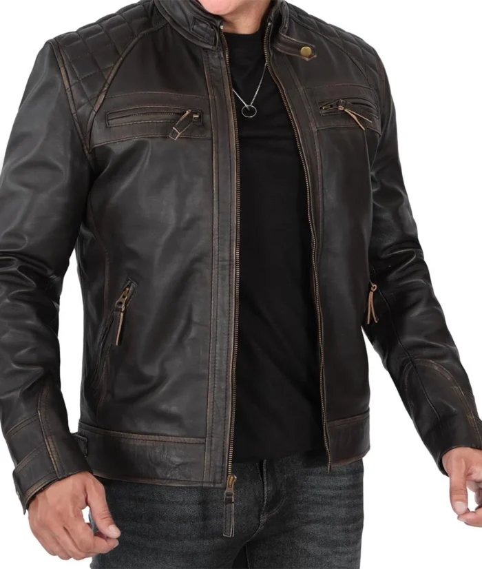 Mens Dark Brown Quilted Distressed Leather Jacket