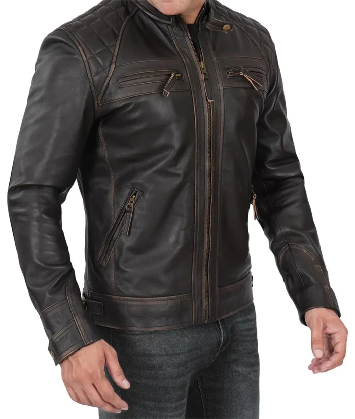 Mens Dark Brown Quilted Distressed Leather Jacket