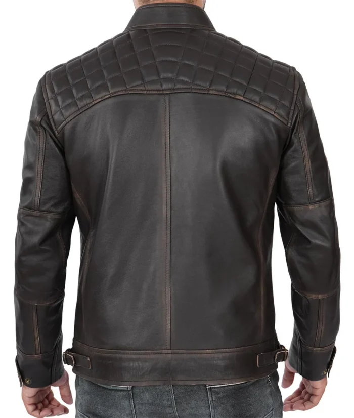 Mens Dark Brown Quilted Distressed Leather Jacket