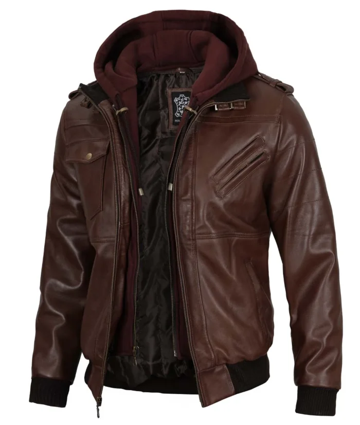 Samuel Dark Brown Bomber Leather Jacket With Removable Hood