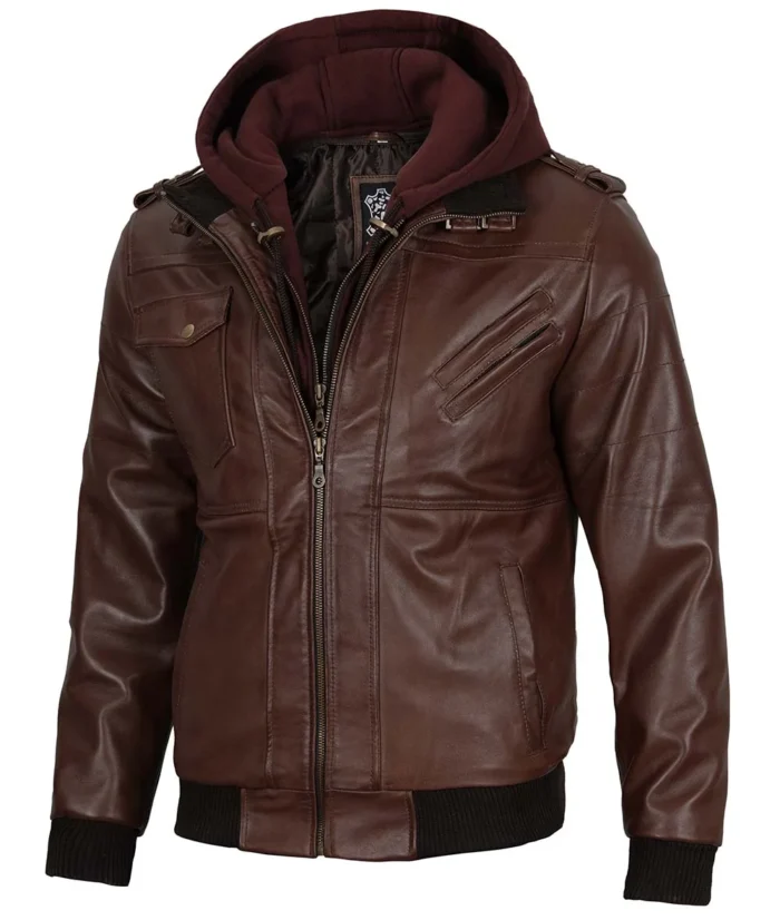 Samuel Dark Brown Bomber Leather Jacket With Removable Hood