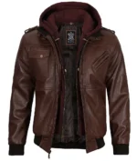 Samuel Dark Brown Bomber Leather Jacket With Removable Hood