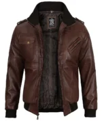 Samuel Dark Brown Bomber Leather Jacket With Removable Hood