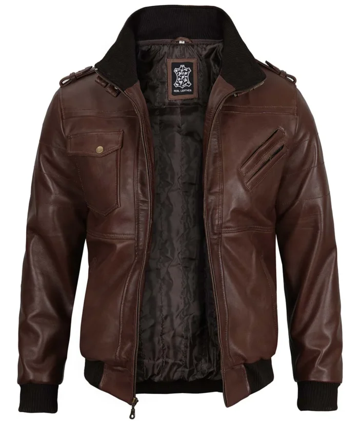 Samuel Dark Brown Bomber Leather Jacket With Removable Hood