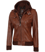 ella brown bomber leather jacket with hood