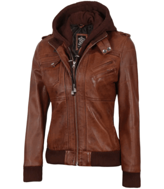 ella brown bomber leather jacket with hood