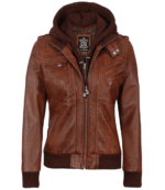 ella brown bomber leather jacket with hood