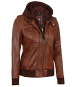 ella brown bomber leather jacket with hood