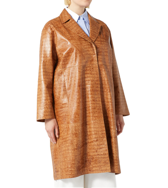 Isla Brown Crocodile Print Leather Coat