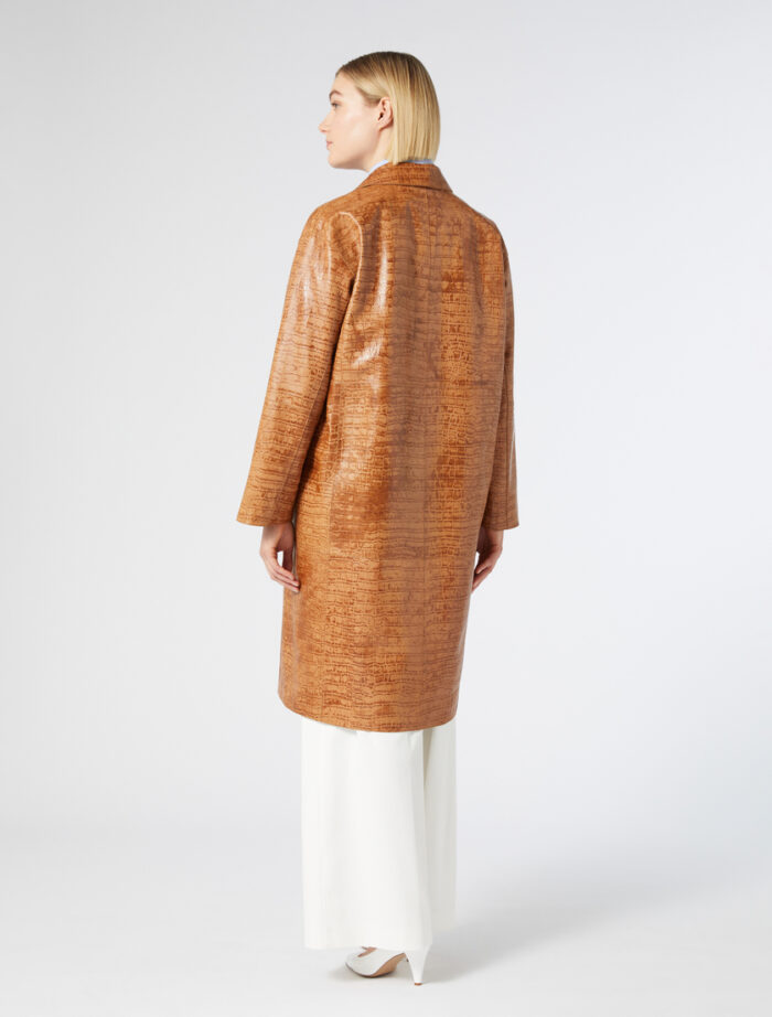 Isla Brown Crocodile Print Leather Coat