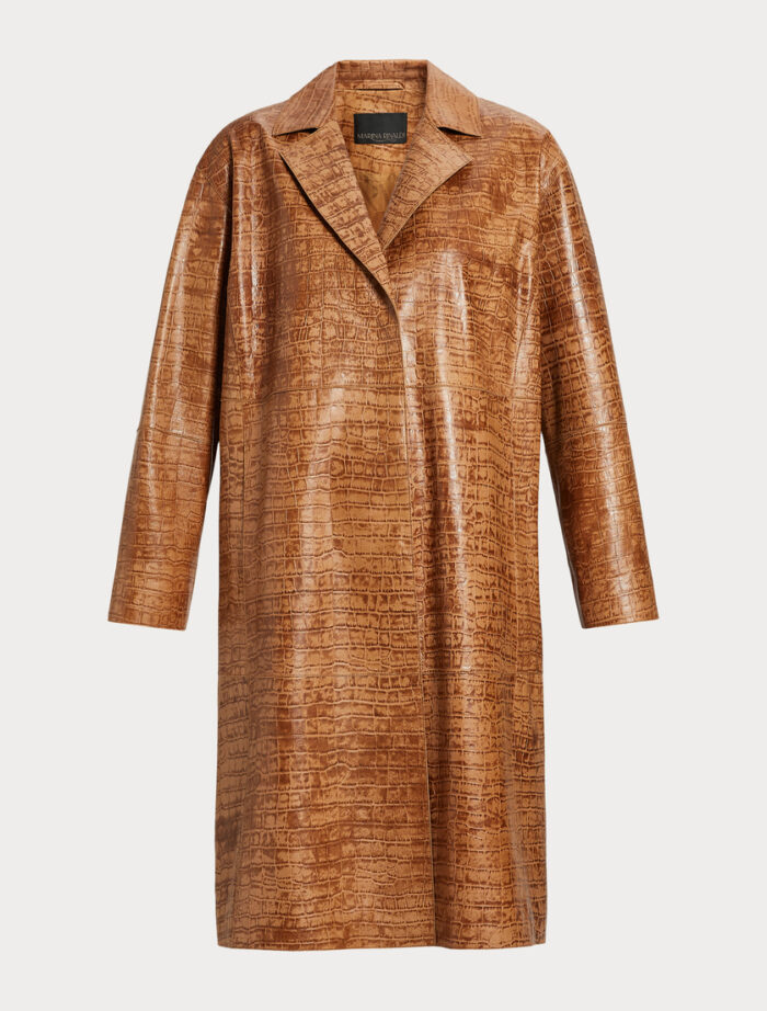 Isla Brown Crocodile Print Leather Coat