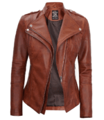 Sofia asymmetrical Brown Biker Leather Jacket