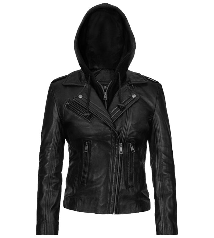 Women Hooded Black Biker Leather Jacket