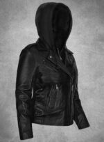 Women Hooded Black Biker Leather Jacket