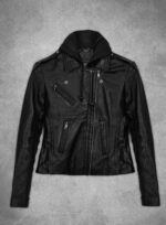 Women Hooded Black Biker Leather Jacket