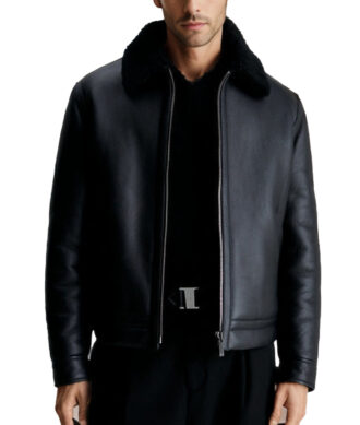 Sebastian Shearling Cafe Racer Black Leather Jacket