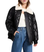 Aurora Quilted Black Bomber Leather Jacket With Shearling Collar