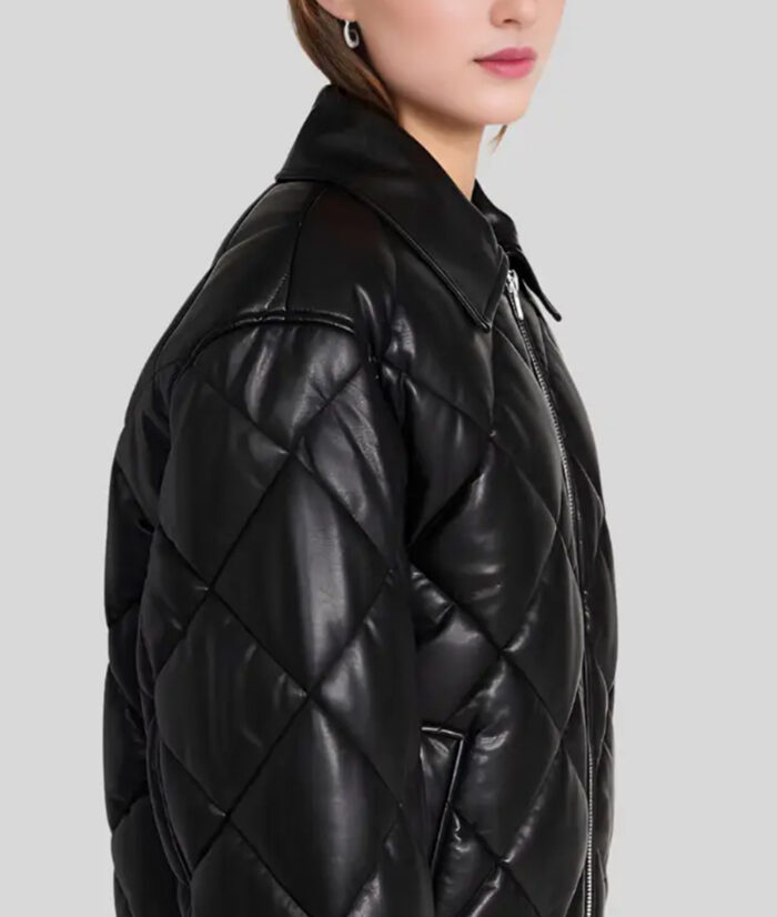 Aurora Quilted Black Bomber Leather Jacket With Shearling Collar