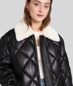 Aurora Quilted Black Bomber Leather Jacket With Shearling Collar