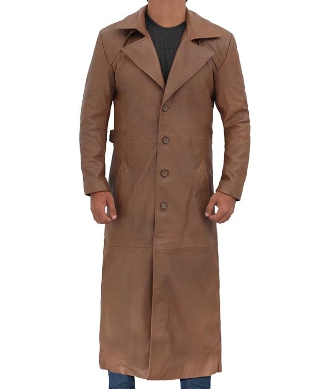 Mens Brown Leather Long Duster Coat