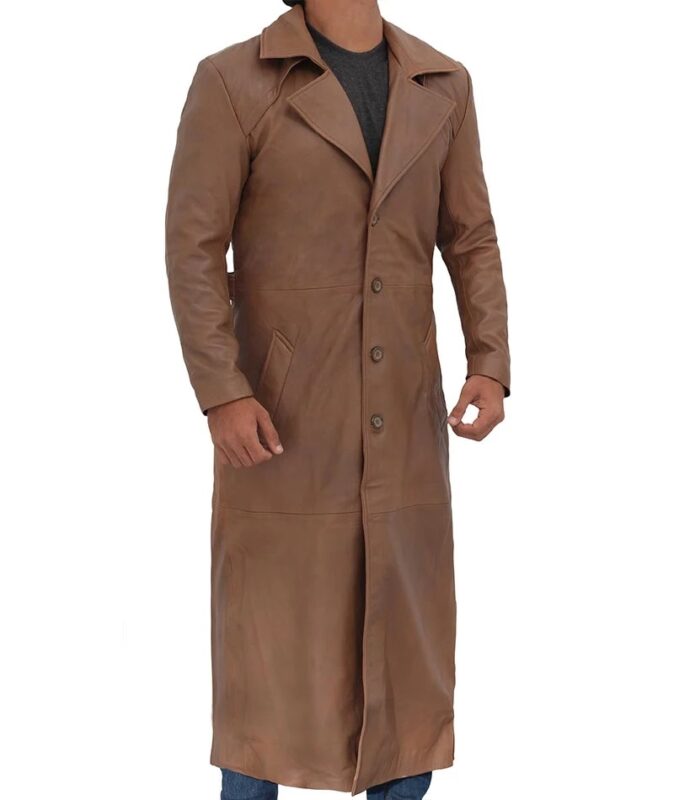 Mens Brown Leather Long Duster Coat