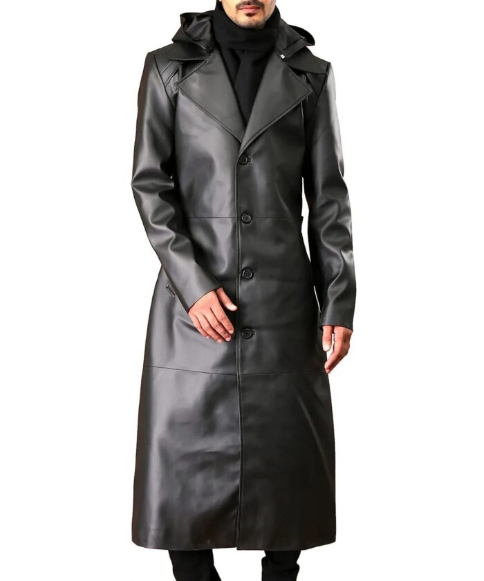 Mens Removable Hood Black Leather Trench Duster Coat