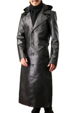 Mens Removable Hood Black Leather Trench Duster Coat