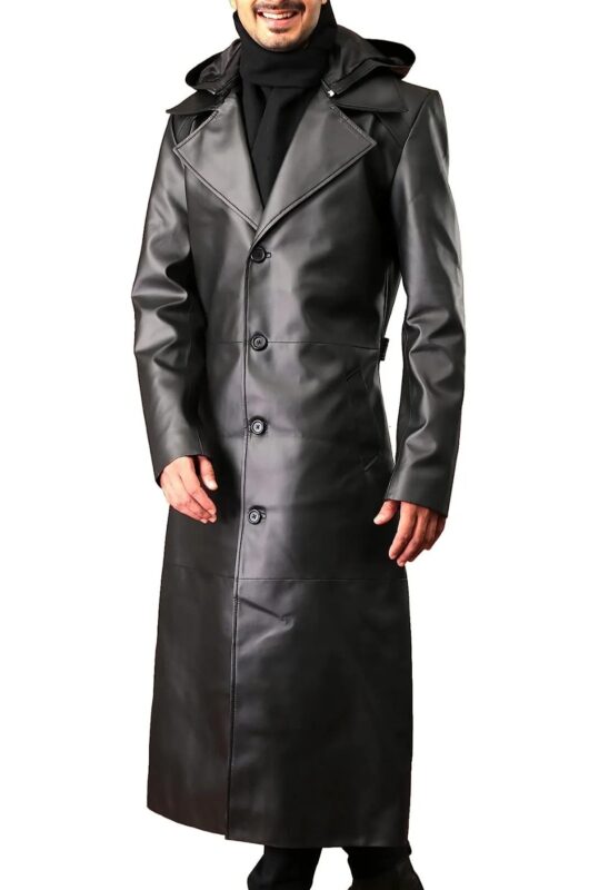 Mens Removable Hood Black Leather Trench Duster Coat