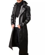 Mens Removable Hood Black Leather Trench Duster Coat