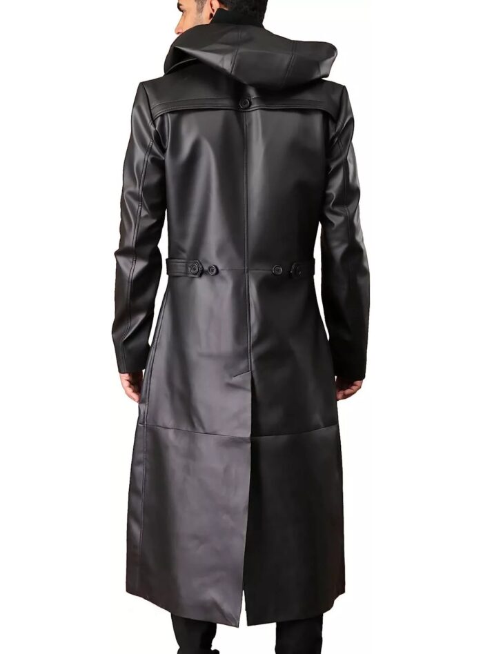 Mens Removable Hood Black Leather Trench Duster Coat