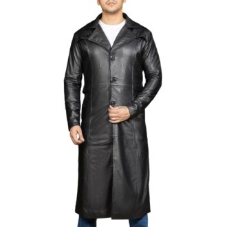 Mens Vintage Classic Black Leather Trench Duster Coat