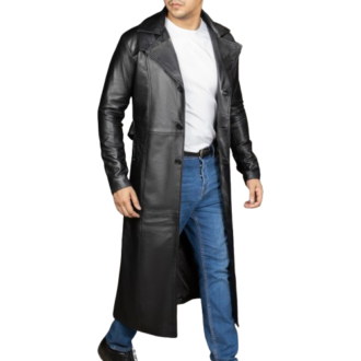 Mens Vintage Classic Black Leather Trench Duster Coat