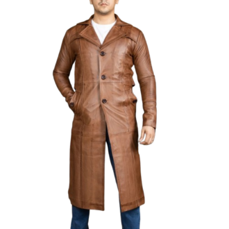 Mens Vintage Classic Brown Leather Trench Duster Coat