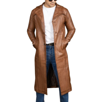 Mens Vintage Classic Brown Leather Trench Duster Coat